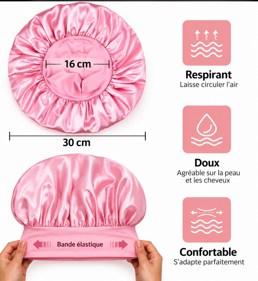 Bonnet en satin rose, 30 cm de diamètre, bande élastique