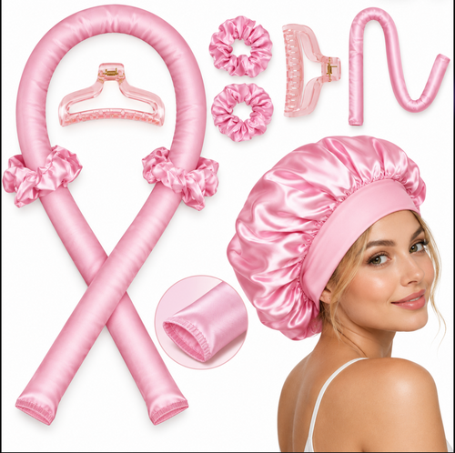 Kit boucles sans chaleur rose : bigoudi en satin, bonnet, chouchous et pince