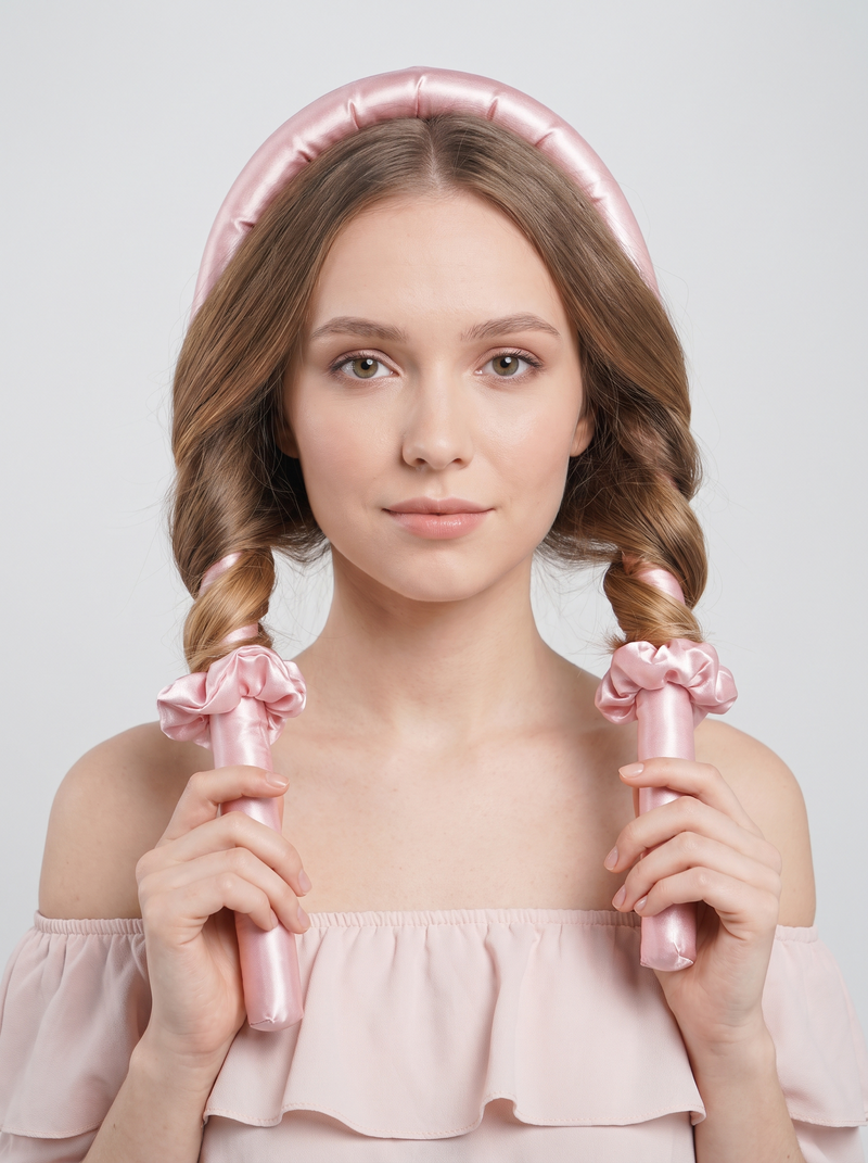 Pendant : cheveux enroulés autour du bigoudi en satin rose (image d'illustration)